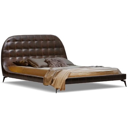 Brown real leather bed frame and header with pillows and a blanket on a white background