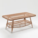 Rectangular rattan-style coffee table with tempered glass top and resin wicker base – part of Trendgoat Bay corner set
