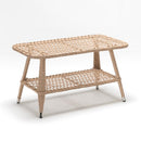 Glass-top rectangular coffee table with handwoven resin wicker shelf – part of Trendgoat rattan-style furniture set