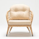 Bay resin wicker garden chesterfield armchair with plush waterproof cushion in beige Olefin fabric on white background – by Trendgoat