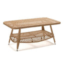 Rectangular coffee table with tempered glass top and resin wicker shelf on white background – part of Begonia outdoor furniture set by Trendgoat