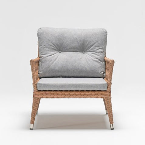 Handwoven rattan-effect resin wicker garden armchair with back and seat cushion – part of Camellia set by Trendgoat