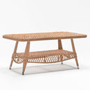 Rectangular glass-top outdoor coffee table with resin wicker shelf - part of Camellia rattan garden set by Trendgoat