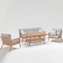 Camellia 5-piece resin wicker rattan garden furniture set with 3-seater sofa, two armchairs, and glass-top table, displayed on a patio – by Trendgoat
