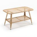 Rectangular resin wicker coffee table with tempered glass top and lower shelf – Coral Collection by Trendgoat on white background