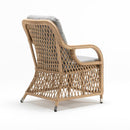 High-back resin wicker garden armchair with beige Olefin cushion and rattan-style weave – Coral Collection by Trendgoat