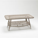 Rectangular coffee table with handwoven rattan-style resin wicker base and tempered glass top – Trendgoat Daffodil Collection

