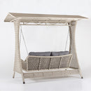 3-seater hammock style swing sofa seat with overhead canopy providing shade and style in outdoor spaces, thick Olefin cushions,
 and handwoven Rattan-style resin wicker detailing – Trendgoat Daffodil Collection