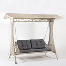 3-seater hammock style swing sofa seat with overhead canopy providing shade and style in outdoor spaces, thick Olefin cushions,
 and handwoven Rattan-style resin wicker detailing – Trendgoat Daffodil Collection