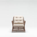 High-back outdoor armchair with handwoven rattan-effect resin wicker and Olefin fabric cushions from Trendgoat Daffodil range