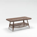 Outdoor coffee table with resin wicker base and toughened glass top, featuring built-in shelf – part of the Trendgoat Daffodil set