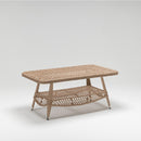 Outdoor rectangular coffee table with tempered glass top and woven shelf base in rattan-style finish – Trendgoat garden collection