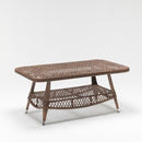 Rectangular outdoor rattan coffee table with tempered glass top and shelf, crafted in traditional weave – Trendgoat Daisy Collection