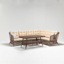 Trendgoat Daisy 7-seater corner rattan garden furniture set with high-back resin wicker sofa and glass-top table with storage shelf