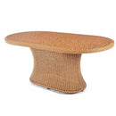 Trendgoat Gardenia rattan table featuring handwoven resin wicker design over a rust-resistant aluminum frame, topped with a toughened glass surface for use as a dining or coffee table in garden and conservatory settings.