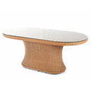 Trendgoat Gardenia rattan table featuring handwoven resin wicker design over a rust-resistant aluminum frame, topped with a toughened glass surface for use as a dining or coffee table in garden and conservatory settings.