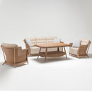 Trendgoat Henley rattan garden sofa furniture set with a 3-seater sofa, two high-back armchairs, and a rectangular glass-top coffee table with a storage shelf; handwoven in resin wicker over rust-proof aluminum frame, finished with beige water-repellent Olefin cushions