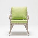 Trendgoat Iris resin wicker armchair with minimalist high-back design, beige cushion, and rust-free aluminum frame