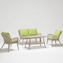 Trendgoat Iris 4-seater outdoor rattan set with 2-seater sofa, two high-back armchairs, and a glass-top coffee table; handwoven in resin wicker over powder-coated aluminum frame with beige Olefin cushions.