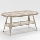 Trendgoat Jonquil rattan garden patio tables with built in shelve in three sizes with tempered glass tops, handwoven resin wicker, and powder-coated aluminum frames.