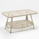 Trendgoat Judas rectangular garden  coffee table with tempered glass top and built-in storage shelf, matching the rattan lounging set.