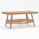 Rectangular tempered glass-top coffee table with lower storage shelf, part of Judas Plus garden set