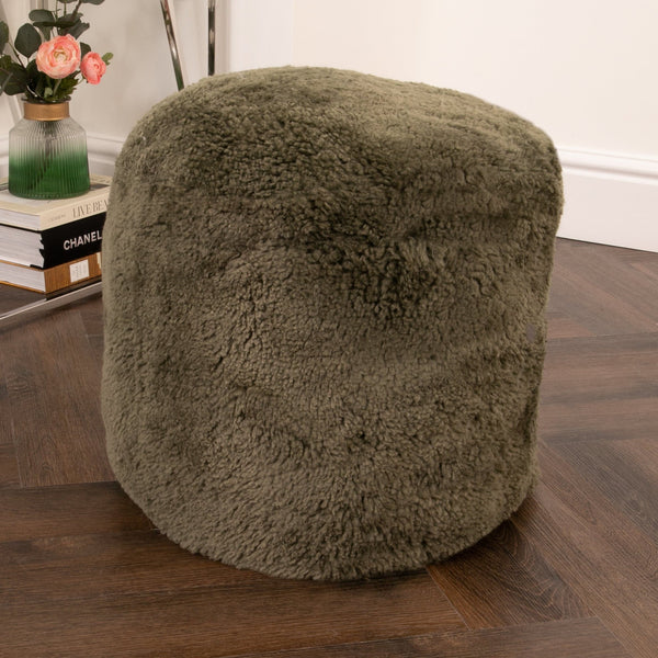 Khaki Green Short Pile Sheepskin Pouf-TrendGoat