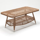 Rectangular tempered glass-top coffee table with lower storage shelf, part of Lilly rattan garden lounge set