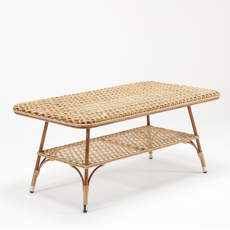 Rectangular rattan coffee table with tempered glass top, part of the 5-seater garden lounge set