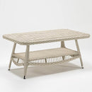 Rectangular outdoor dining table with toughened glass top and built-in lower shelf resin wicker style by TrendGoat