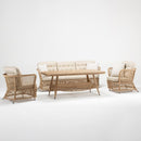 Novara 5-seater garden set with sofa, two armchairs, and rectangle glass-top coffee table with lower storage shelf – handwoven resin wicker by TrendGoat