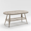 Rectangular coffee table with toughened glass top and lower storage shelf – rattan-style resin wicker by TrendGoat