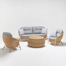 Oleander Plus 5-seater garden furniture set with high-back sofa, armchairs, and glass-top round rattan coffee table by TrendGoat