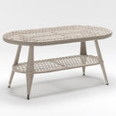 Oval rattan-style outdoor coffee table with tempered glass top and shelf – Oleander Lounging Collection by TrendGoat