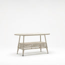 Off White Oval rattan-style outdoor table with tempered glass top and lower shelve – handwoven resin wicker by TrendGoat