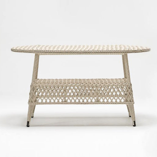 Rectangular garden table with tempered glass top and rattan-style storage shelf – Poppy Collection by TrendGoat
