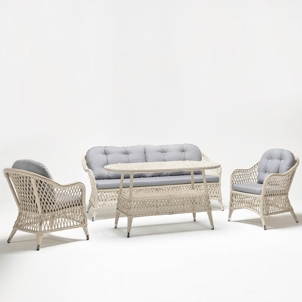 Poppy 4-seater outdoor lounge set with 2-seater sofa, armchairs, and glass-top table – resin wicker by TrendGoat