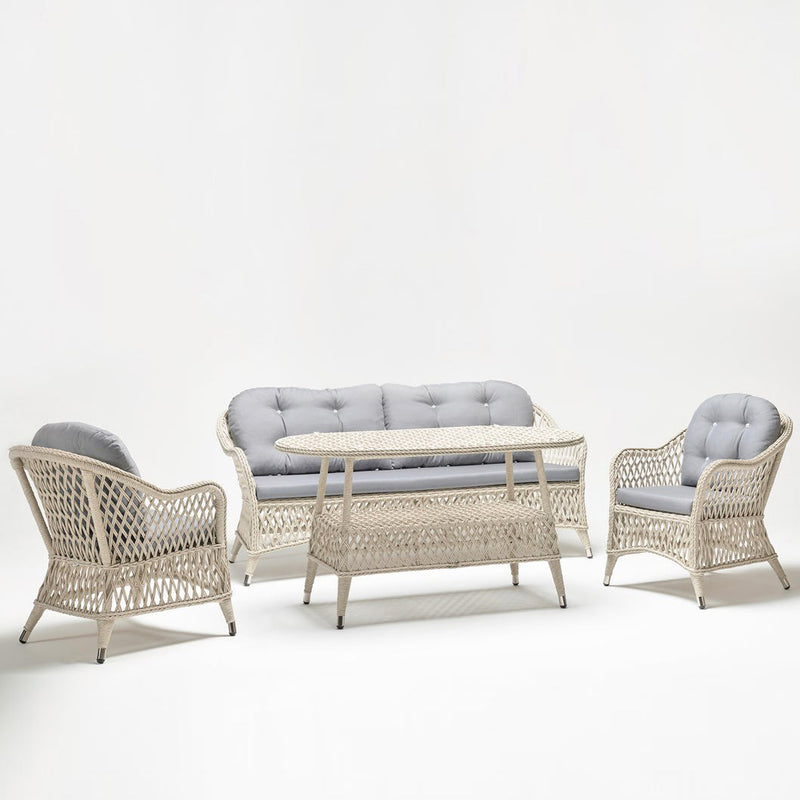 Poppy 4-seater outdoor lounge set with 2-seater sofa, armchairs, and glass-top table – resin wicker by TrendGoat
