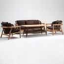 Pearl 5-seater Chocolate Dark Brown luxury garden set with oak wooden accent frame, rattan detailed sofa, armchairs, and coffee table with lower storage shelf by TrendGoat