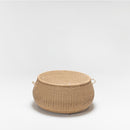 Round garden coffee table with tempered glass top and resin wicker frame – part of the Safron Collection by TrendGoat